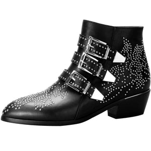 Studded Buckle Leather Ankle Booties - Popcheeks